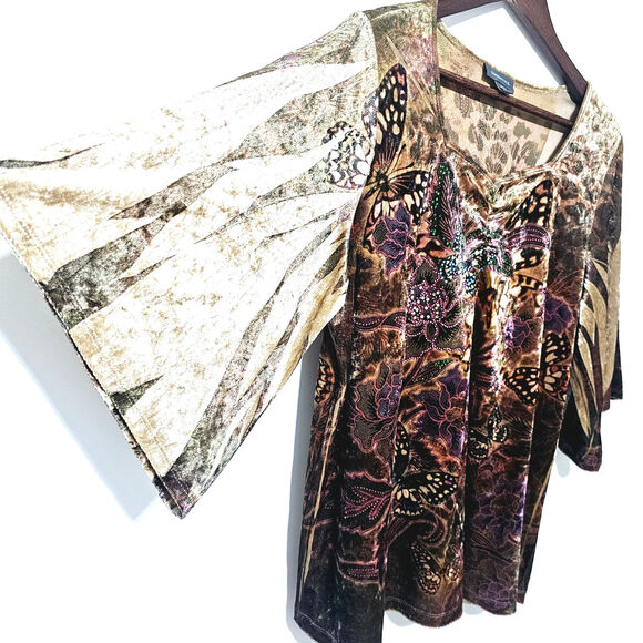 Essentials Velvet Blouse Women's Size 0X Embellished Butterflies Y2K Boho-chic - Picture 3 of 8